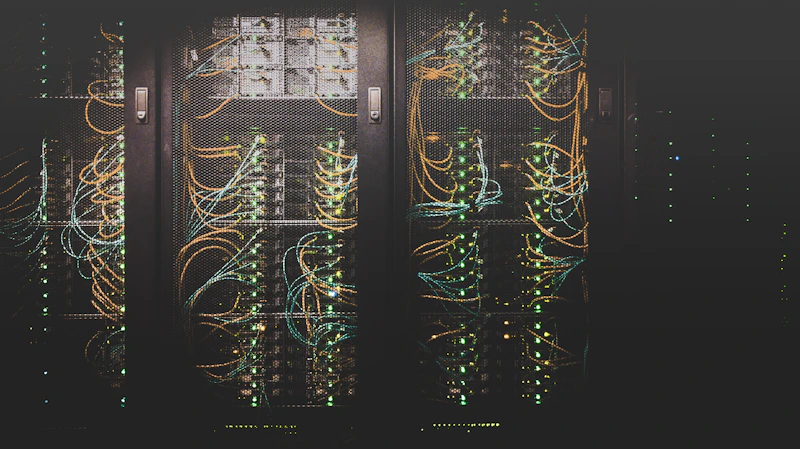 Corredor de servidores em um data center, representando o trabalho de infraestrutura em nuvem do estúdio